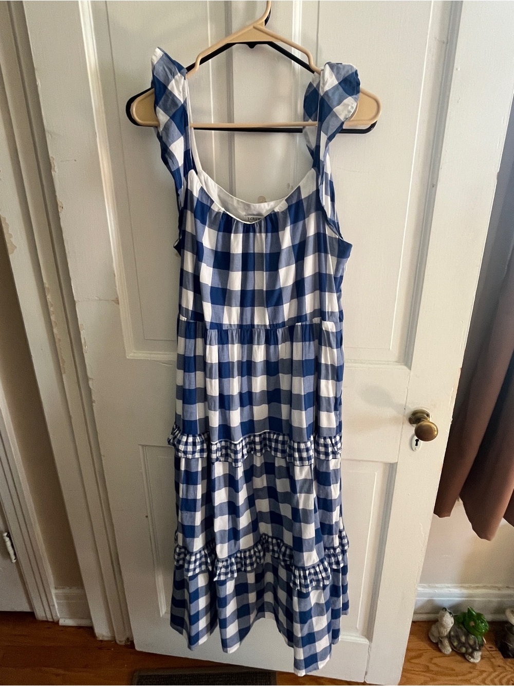 J. Crew Blue and White Gingham Tiered Midi Dress
